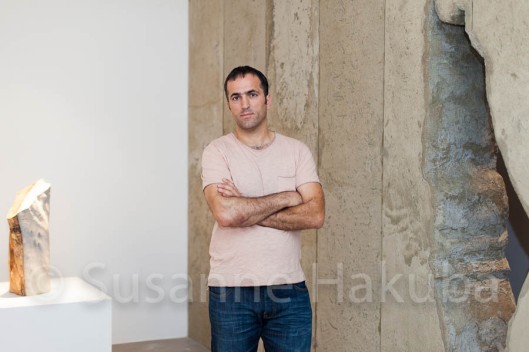 Khaled Jarrar on the evening of the opening of his exhibition "Whole in the Wall" at Ayyam Gallery, London.
